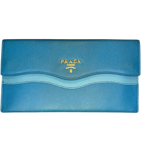 Authentic Vintage Prada Saffiano Wave Blue Leather Long Flap Wallet Celeste Voya - Picture 2 of 8